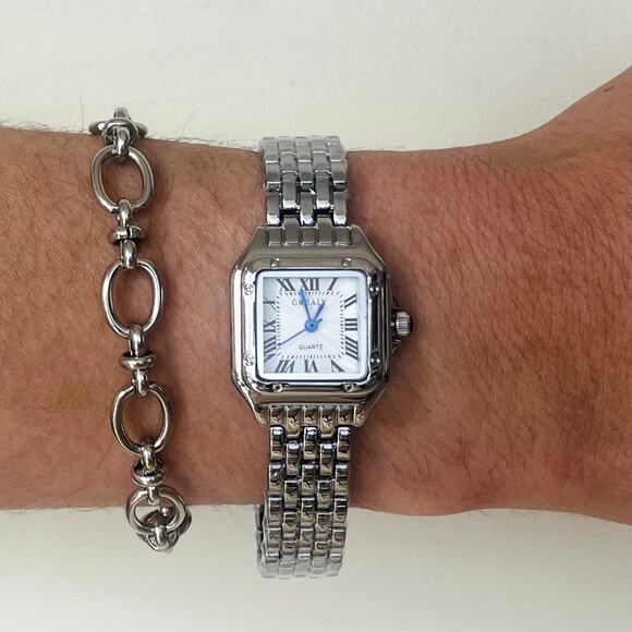 Retro White Square Face Quartz Watch Unisex Stainless Steel 8.5" New - Picture 9 of 16